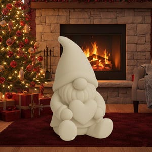 May include: A large, off-white gnome statue holding a heart, set in front of a fireplace and Christmas tree. The gnome has a long, pointed hat and a round nose. The scene is warm and inviting, with a red rug and lit fireplace.