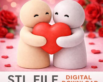 Hugging Couple Holding Heart STL File – 3D Printable Valentine Decor, Cute Couple Figurine Digital Download