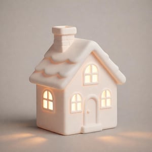 Op de afbeelding: Een crème-kleurig nachtlampje in de vorm van een huis, gemaakt van keramiek. Het heeft een schoorsteen, een besneeuwd dak en boogvormige ramen die een warm licht uitstralen. Het ontwerp roept een gezellig winterthema op.