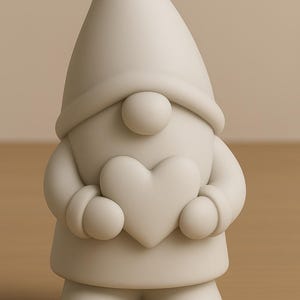 May include: A cream-colored gnome figurine holding a heart. The gnome has a pointed hat, round nose, and rounded arms and legs. The figurine is made of a smooth, matte material and is a decorative item.