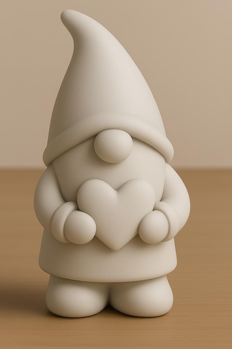 May include: A cream-colored gnome figurine holding a heart. The gnome has a pointed hat, round nose, and rounded arms and legs. The figurine is made of a smooth, matte material and is a decorative item.