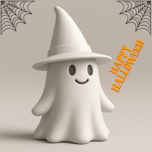 魔女の帽子をかぶったかわいいゴーストのSTLファイル | 3Dプリント可能なハロウィンフィギュア | ハロウィンの装飾に最適な不気味なゴーストモデル | デジタルダウンロードSTL