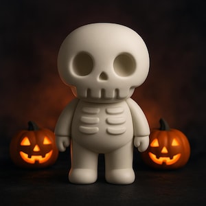 May include: A white skeleton figurine with a skull-shaped head and rib cage detail. Two orange jack-o'-lanterns with glowing faces flank the figurine, creating a Halloween theme. The background is dark with an orange glow.