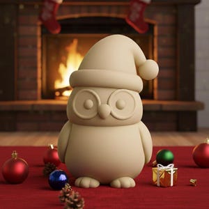 Könnte beinhalten: Beige Eulenfigur mit Weihnachtsmütze, großen runden Augen und rundem Körper. Die Eule ist von Weihnachtsdekorationen umgeben, darunter rote und blaue Kugeln und eine kleine goldene Geschenkbox mit einer grünen Dekoration. Ein Kamin befindet sich im Hintergrund.