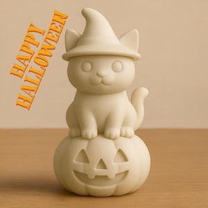 May include: A cream-colored Halloween decoration featuring a cat wearing a witch hat, sitting atop a carved pumpkin. The words "HAPPY HALLOWEEN" are printed in orange. This festive item is perfect for seasonal decor.