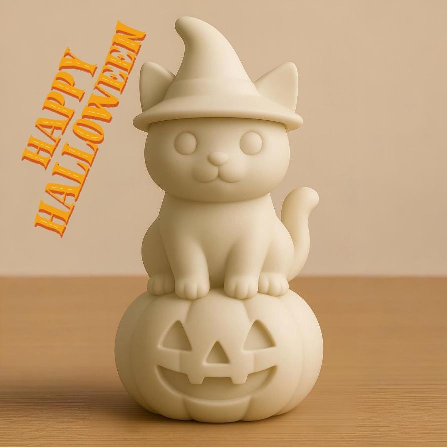 カボチャの上に座るハロウィン猫STLファイル | 魔女帽子の猫ジャック