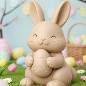 May include: A beige Easter bunny figurine holding a decorated egg, set on green grass with colorful Easter eggs and flowers. The bunny has long ears and a smiling face, creating a festive spring scene.