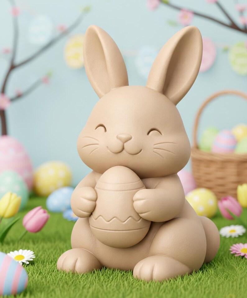 May include: A beige Easter bunny figurine holding a decorated egg, set on green grass with colorful Easter eggs and flowers. The bunny has long ears and a smiling face, creating a festive spring scene.