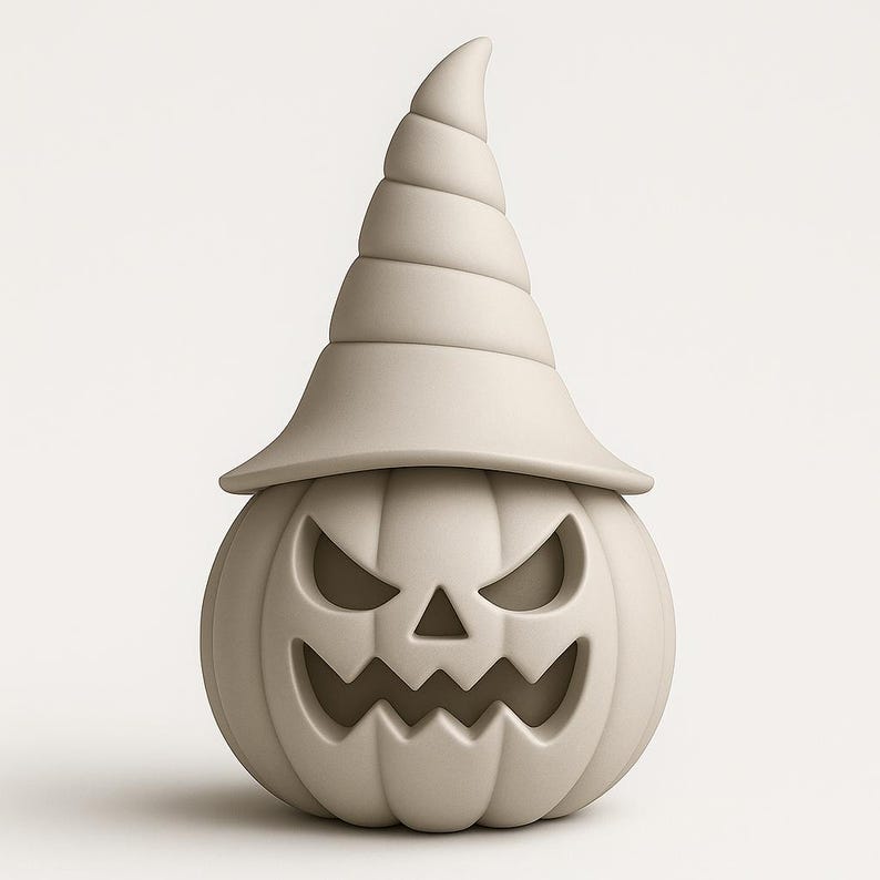 May include: A beige Halloween decoration featuring a carved pumpkin face with a witch's hat. The pumpkin has triangular eyes and a jagged mouth. The hat is tall and conical, with multiple stacked layers. The overall design is smooth and stylized.
