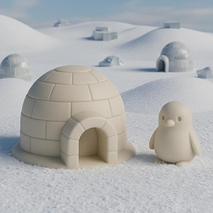 May include: A whimsical scene featuring a light beige igloo with a rounded entrance, accompanied by a small penguin figurine. The background shows a snowy landscape with additional igloos and ice blocks, all under a pale blue sky.