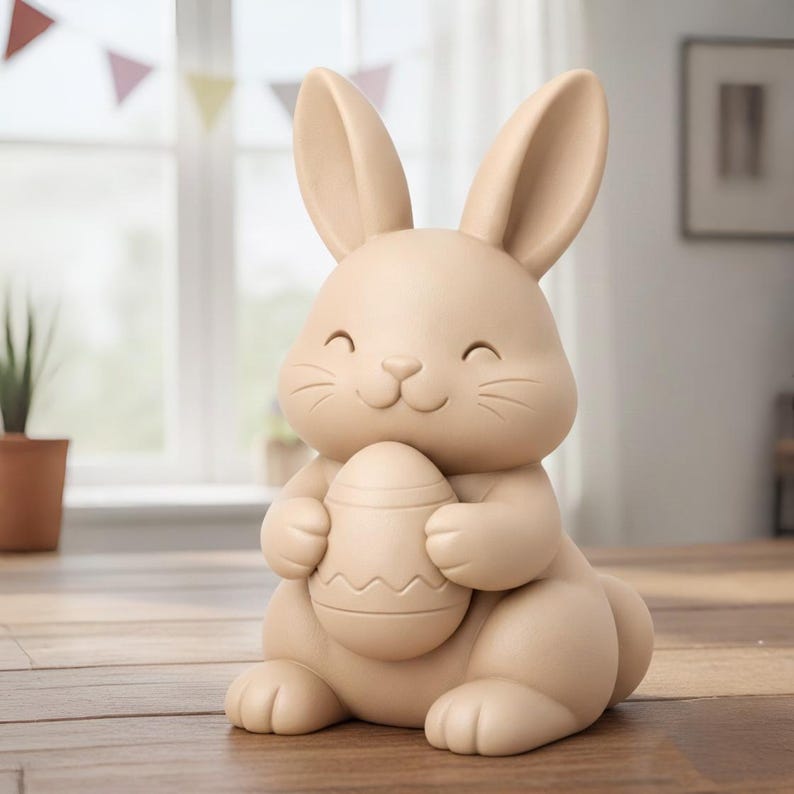 May include: A beige Easter bunny figurine holding a decorated egg. The bunny has a smiling face, long ears, and is in a sitting position. The egg has a zig-zag pattern. The figurine is a decorative item.