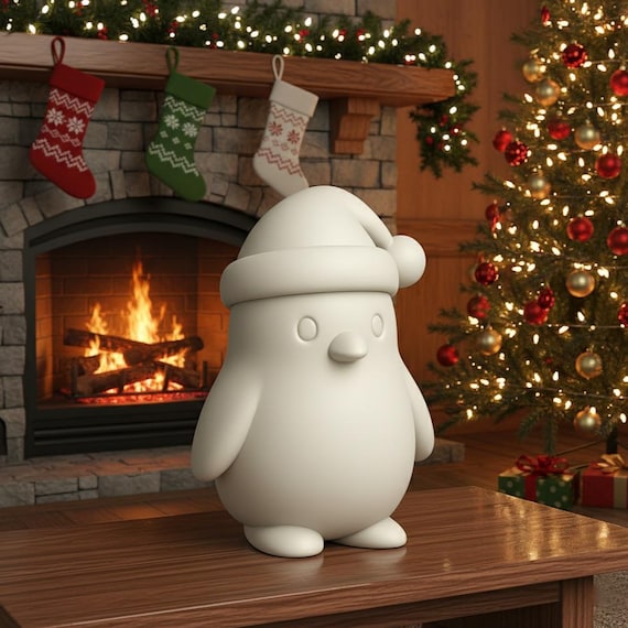Christmas Penguin STL File | 3D Printable Cute Penguin Figurine with Santa Hat | Winter Holiday Digital Download
