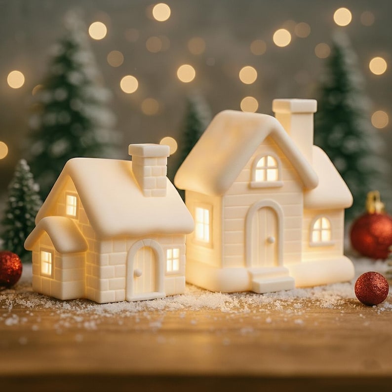 Christmas Village STL Set – 2 Designs House Set – Tealight Candle Houses – Winter Village 3D Print Files – Digital Download image 1