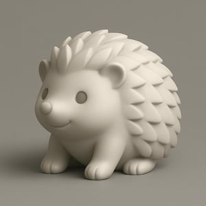 May include: A cream-colored hedgehog figurine with a smiling face, small ears, and a nose. The hedgehog's back is covered in textured quills. The figurine is sitting on a gray surface.