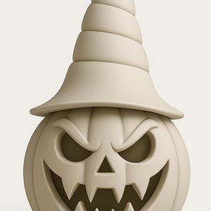 May include: A beige Halloween pumpkin with an angry face and a witch's hat. The pumpkin has a carved, toothy grin, triangular nose, and angled eyes. The hat is tall and conical, with multiple stacked sections.