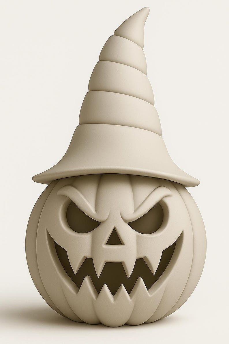 May include: A beige Halloween pumpkin with an angry face and a witch's hat. The pumpkin has a carved, toothy grin, triangular nose, and angled eyes. The hat is tall and conical, with multiple stacked sections.