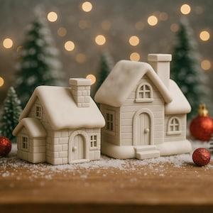 May include: Two off-white ceramic miniature houses with snow-covered roofs and chimneys. The houses have arched doorways and small windows. Red Christmas ornaments and miniature evergreen trees are in the background, creating a festive holiday scene.