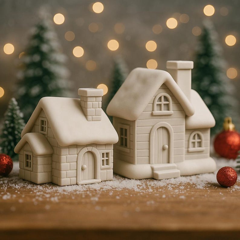 May include: Two off-white ceramic miniature houses with snow-covered roofs and chimneys. The houses have arched doorways and small windows. Red Christmas ornaments and miniature evergreen trees are in the background, creating a festive holiday scene.