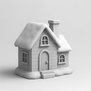 May include: A monochromatic, miniature house with a snow-covered roof and base. The house features a front door, two arched windows, and a chimney. The design is simple and stylized, evoking a winter or holiday theme.