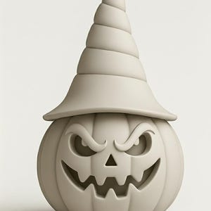 May include: A beige Halloween pumpkin with a carved, menacing face and a witch's hat. The pumpkin has a wide, toothy grin, triangular nose, and furrowed eyebrows. The hat is tall and conical, with a wide brim.