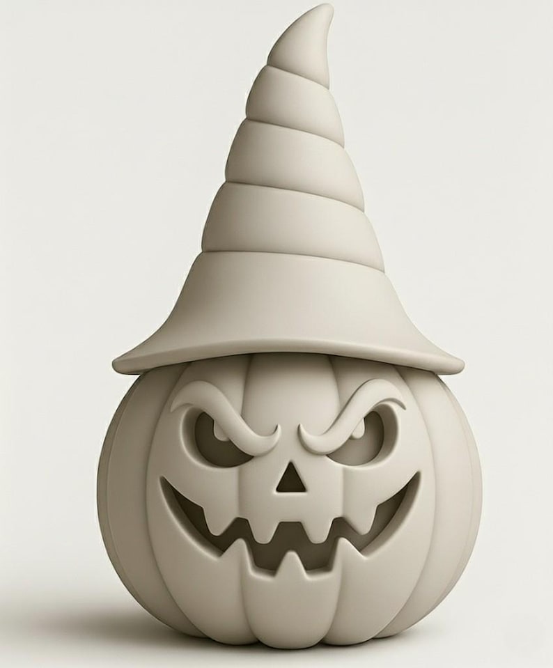 May include: A beige Halloween pumpkin with a carved, menacing face and a witch's hat. The pumpkin has a wide, toothy grin, triangular nose, and furrowed eyebrows. The hat is tall and conical, with a wide brim.