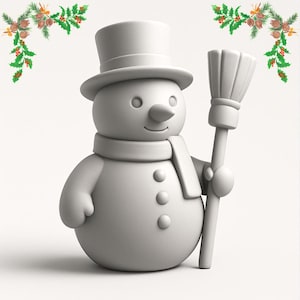 May include: A white snowman figurine with a top hat, scarf, and broom. The snowman has a carrot nose, button eyes, and three buttons down the front. Festive holiday decor with green and red accents in the corners.