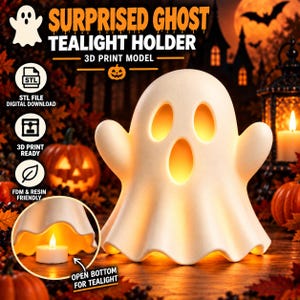 May include: A white ghost-shaped tealight holder with an open bottom, featuring two oval eyes and an oval mouth. The text reads: SURPRISED GHOST TEALIGHT HOLDER, 3D PRINT MODEL, STL FILE DIGITAL DOWNLOAD, 3D PRINT READY, FDM & RESIN FRIENDLY, OPEN BOTTOM FOR TEALIGHT.