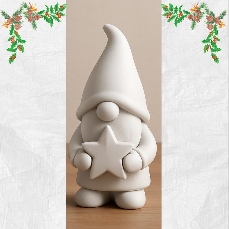 Puede incluir: Figura de gnomo de cer&aacute;mica blanca sosteniendo una estrella. El gnomo tiene un sombrero grande y puntiagudo, una nariz redonda y un cuerpo redondeado. La figura est&aacute; dise&ntilde;ada para ser pintada o decorada. El fondo es de color neutro.