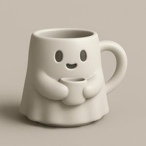 May include: A white ceramic mug shaped like a friendly ghost, holding a smaller cup. The mug has a rounded handle and features two oval eyes and a curved mouth. The design is minimalist and whimsical.