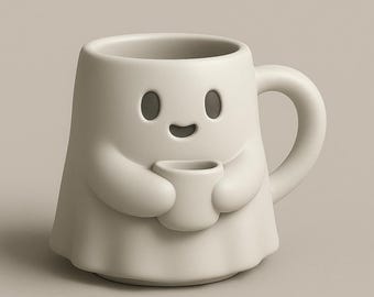 Fichier STL de tasse fantôme mignon | Tasse à café d'Halloween imprimable en 3D | Adorable figurine fantôme tenant une tasse | Décoration d'Halloween | Téléchargement numérique