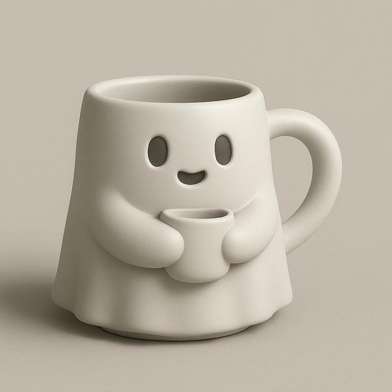 Cute Ghost Mug STL File | 3D Printable Halloween Coffee Cup | Adorable Ghost Holding Cup Figurine | Halloween Decor STL | Digital Download