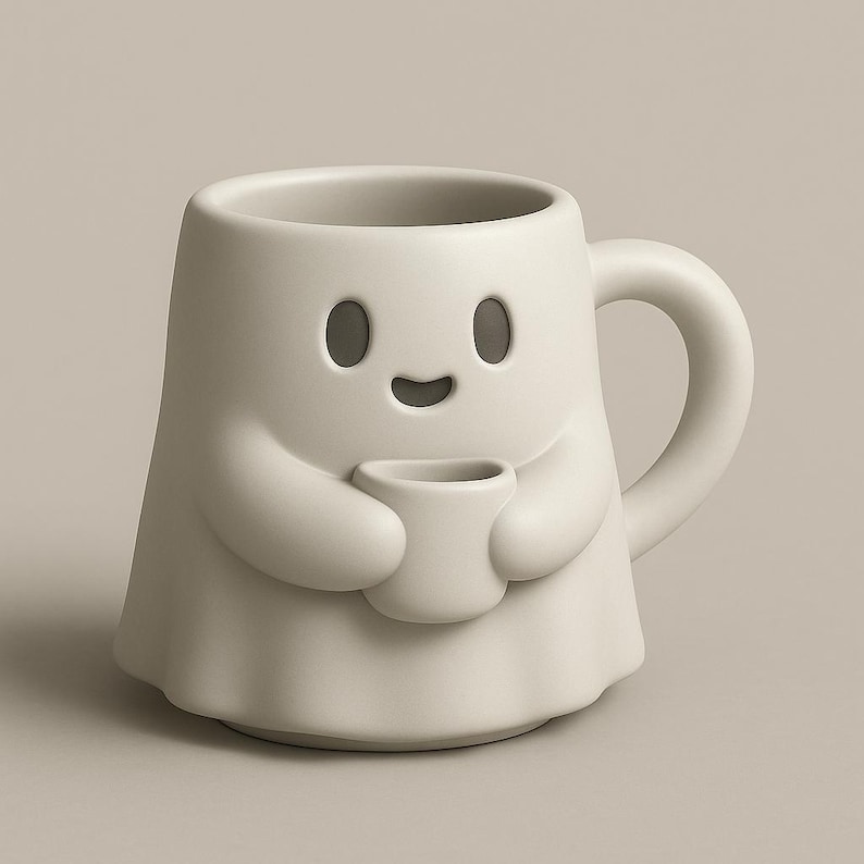 May include: A white ceramic mug shaped like a friendly ghost, holding a smaller cup. The mug has a rounded handle and features two oval eyes and a curved mouth. The design is minimalist and whimsical.