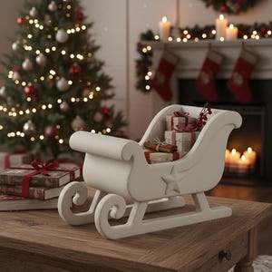 May include: A white decorative sleigh filled with wrapped gifts and cinnamon sticks sits on a wooden table. A Christmas tree with baubles and lights is in the background, along with a fireplace.
