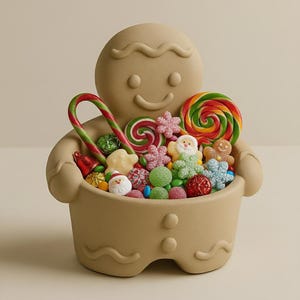 May include: A tan gingerbread man-shaped container filled with colorful candies. The container holds a variety of sweets, including lollipops, candy canes, and small decorative candies. The gingerbread man has a smiling face and button details.