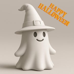 Puede incluir: Una figura de fantasma blanco con un sombrero de bruja con hebilla. El fantasma tiene una cara sonriente con ojos ovalados. Las palabras "HAPPY HALLOWEEN" están escritas en naranja en diagonal en la esquina superior derecha.