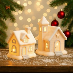 Christmas Village STL Set – House & Church (2 Designs) – Tealight Candle Buildings – Winter Village 3D Print Files – Digital Download
