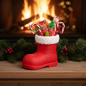 Może przedstawiać: Czerwony but świąteczny wypełniony cukrowymi laskami, zapakowanymi cukierkami i zieloną żelką w kształcie choinki. But ma biały, puszysty mankiet i stoi na drewnianej powierzchni, z kominkiem w tle.