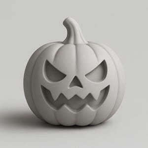 以下が含まれることがあります： ハロウィーンの装飾に最適な、怒った顔が彫られた灰色のカボチャ。カボチャには茎があり、ニュートラルな背景に配置されています。彫られた顔には、三角形の目とギザギザの口が含まれています。