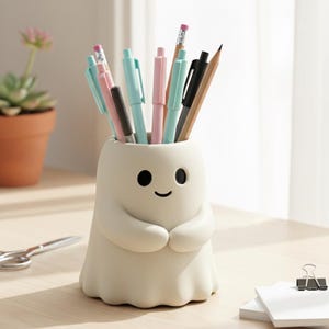 Peut inclure: Un organiseur de bureau en forme de fantôme blanc cassé, avec un visage souriant. Il contient des stylos roses, bleus et noirs, ainsi que des crayons en bois. Un accessoire de bureau amusant et original pour ranger les fournitures.