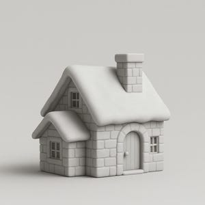 May include: A small, light gray house figurine with a snow-covered roof, chimney, and arched doorway. The house has a brick-like texture and small windows. A charming decorative item.
