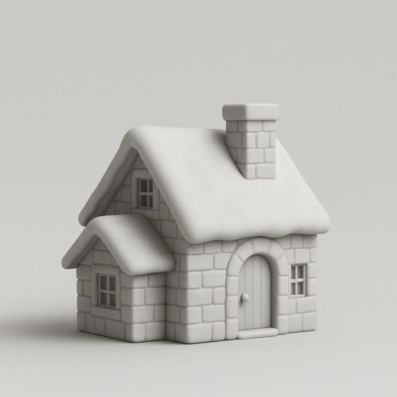May include: A small, light gray house figurine with a snow-covered roof, chimney, and arched doorway. The house has a brick-like texture and small windows. A charming decorative item.