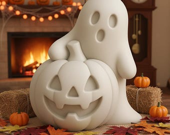 May include: A white ghost figure leans against a carved pumpkin with a smiling face. The Halloween-themed decoration is surrounded by small pumpkins, hay bales, and colorful autumn leaves. A fireplace and clock are in the background.