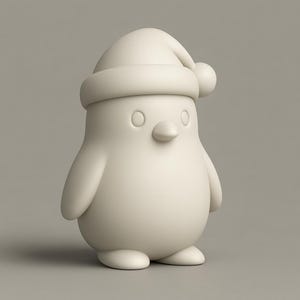 May include: A cream-colored penguin figurine wearing a Santa hat. The penguin has a rounded body, small wings, and a small beak. The eyes are simple circles. The hat has a rounded brim and a small ball on the end.