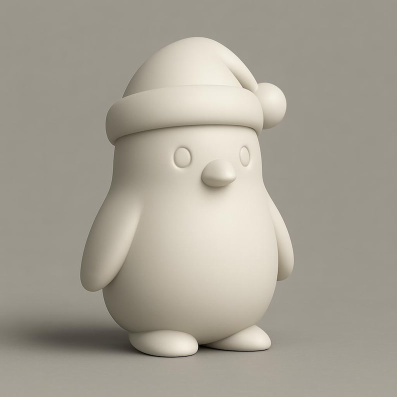 May include: A cream-colored penguin figurine wearing a Santa hat. The penguin has a rounded body, small wings, and a small beak. The eyes are simple circles. The hat has a rounded brim and a small ball on the end.