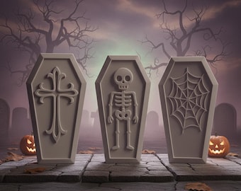 Halloween Coffin STL File Set | 3D Printable Spooky Coffins with Skeleton, Cross & Spiderweb | Digital Download Halloween Decor