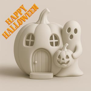 Könnte beinhalten: Eine weiße Halloween-Figur, die ein kürbisförmiges Haus mit Tür und Fenstern darstellt, begleitet von einem Geist, der einen geschnitzten Kürbis hält. Die Worte "HAPPY HALLOWEEN" sind in orangefarbenen Buchstaben geschrieben.