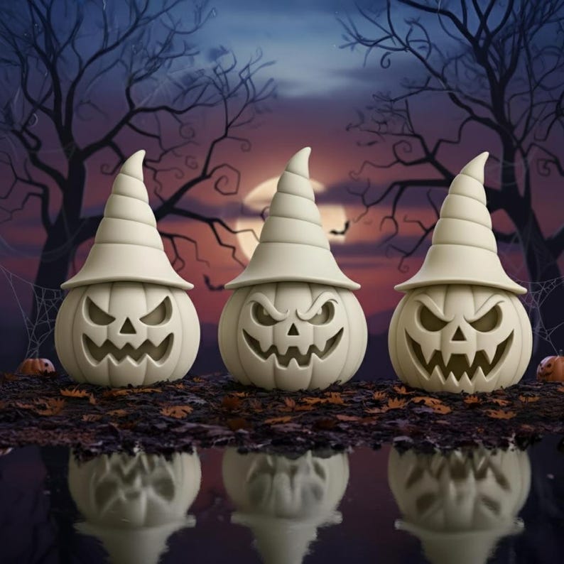 May include: Three off-white Halloween pumpkin decorations with carved faces and tall, pointed hats. The pumpkins are reflected in the water, with a spooky nighttime background of trees and a full moon. Perfect for Halloween decor.