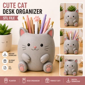 Puede incluir: Un organizador de escritorio gris con forma de gato con detalles en rosa, que contiene bolígrafos y lápices. El texto "CUTE CAT DESK ORGANIZER" está en la parte superior. El organizador tiene una cara de gato y detalles de patas. La imagen también muestra una maceta y el texto "STL FILE".
