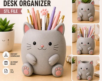 Cute Cat Desk Organizer STL File, Kawaii Cat Pen Holder, Cat Planter STL, 3D Print Desk Decor, Animal Organizer, Instant Download