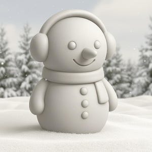 May include: A whimsical snowman figurine with a carrot nose, button eyes, and a smiling mouth. The snowman wears earmuffs and a scarf, and has three buttons down the front. The background shows a snowy forest.